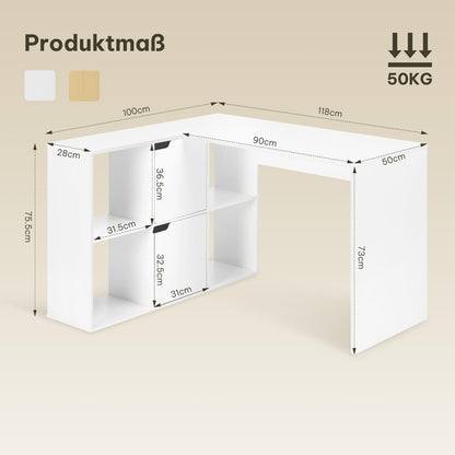 eSituro Eckschreibtisch L-Form – Weiss, 120x100 cm, mit Regalen
