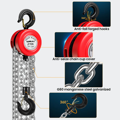 Anbull 2T Kettenzug Handseilwinde Flaschenzug Hebezug - 3m Kette