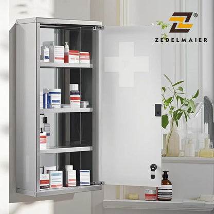 Zedelmaier Medizinschrank Edelstahl, abschliessbar, 4 Fächer, silber
