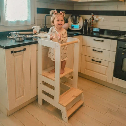 MEOWBABY Lernturm Montessori für Kinder Höhenverstellbar - Weiss-Natur