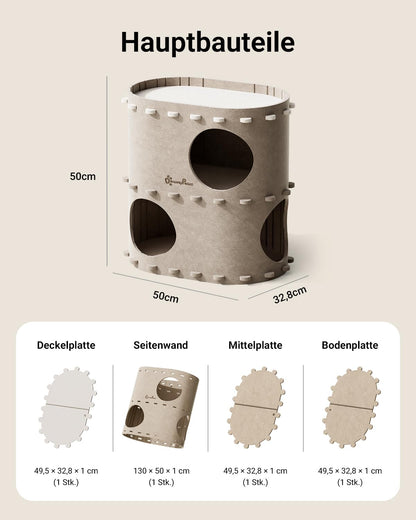 DownyPaws Katzenhöhle aus Filz, 2-stöckiges Katzenhaus, Beige