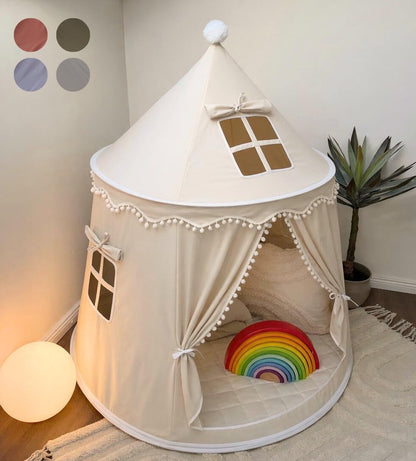 ALRITHO Spielzelt Kinder aus Silky Cotton, Warmbeige, 110x110x130 cm – Kinderzelt mit Bommel-Umrandung und Bodenmatte