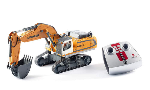 Liebherr R980 SME Raupenbagger - Ferngesteuert: Gelber Kettenbagger mit Ausleger und Schaufel. Dient dem ferngesteuerten Aushub und Umschlag von Materialien im Modellbau.
