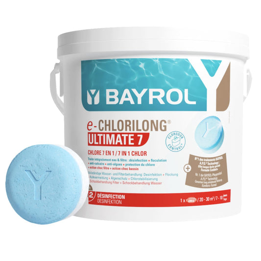 BAYROL e-Chlorilong ULTIMATE7 Chlortabletten - 4,8 kg: Weiße Tabletten zur Desinfektion, Algenverhütung und Pflege von Poolwasser.