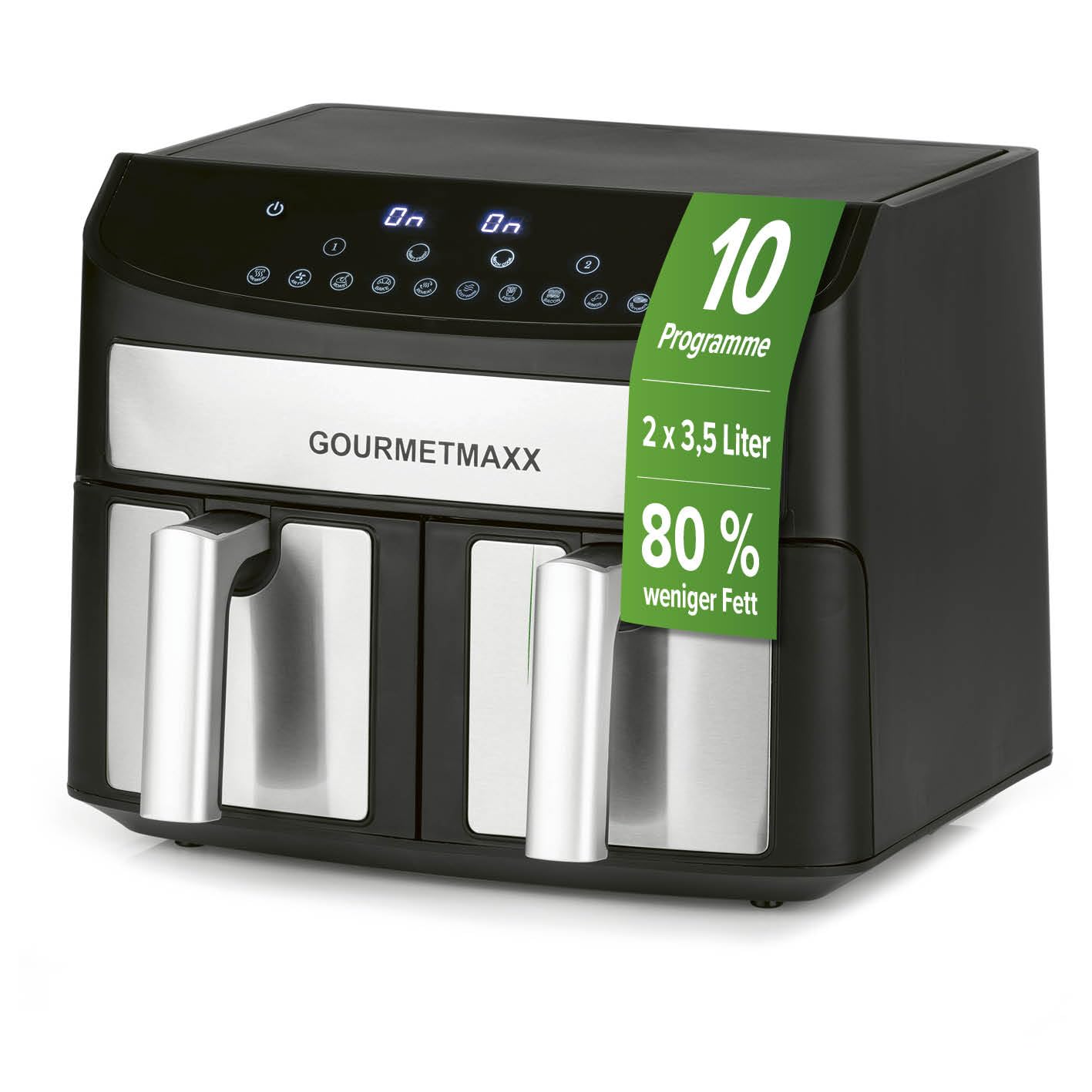 GOURMETmaxx Doppelkammer-Heissluftfritteuse - 2x 3.5L Edelstahl. Rechteckiges Gerät in Edelstahloptik. Bereitet zwei Speisen gleichzeitig mit Heissluft zu.