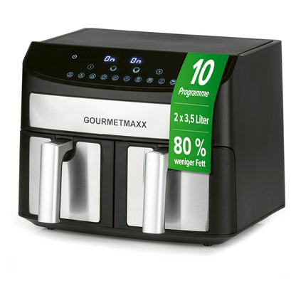 GOURMETmaxx Doppelkammer-Heissluftfritteuse - 2x 3.5L Edelstahl. Rechteckiges Gerät in Edelstahloptik. Bereitet zwei Speisen gleichzeitig mit Heissluft zu.