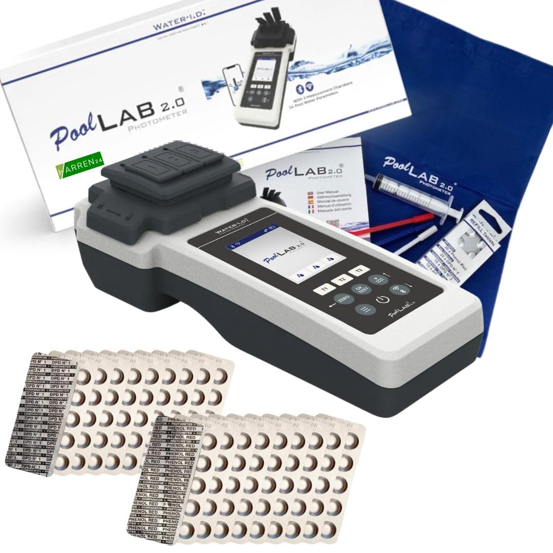 Poollab 2.0 Elektronischer Pool Tester pH/Chlor – inkl. DPD1/pH Tabletten. Misst präzise pH- und Chlorwerte im Pool.