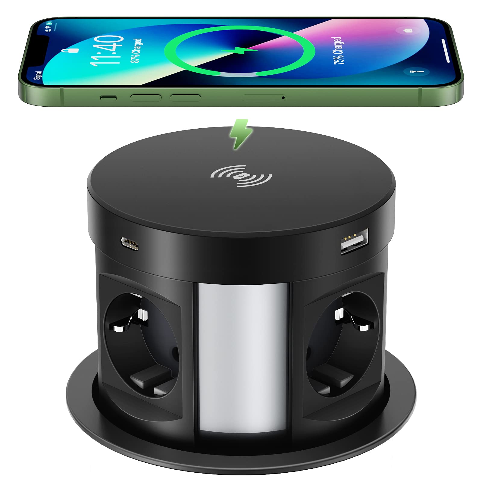 SmartDesk Versenkbare Tischsteckdose 4-fach USB-C/A Qi Schwarz. Mit 4 Schuko-, USB-C/A-Ports und Qi für Tischstrom.