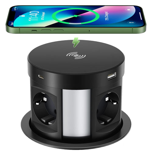 SmartDesk Versenkbare Tischsteckdose 4-fach USB-C/A Qi Schwarz. Mit 4 Schuko-, USB-C/A-Ports und Qi für Tischstrom.
