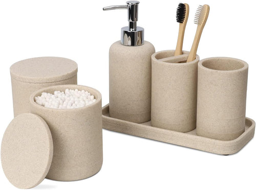 ZCCZ Badezimmer Set 6-teilig – Organizer in Marmor-Optik, Sandfarben aus Polyresin