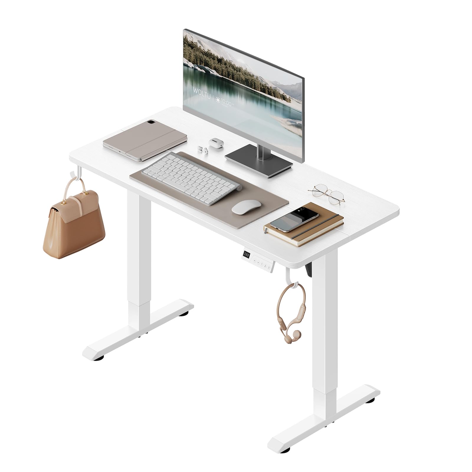 WOLTU Schreibtisch höhenverstellbar elektrisch, 100 x 48 cm, weiss, T-förmiger Stahlrahmen