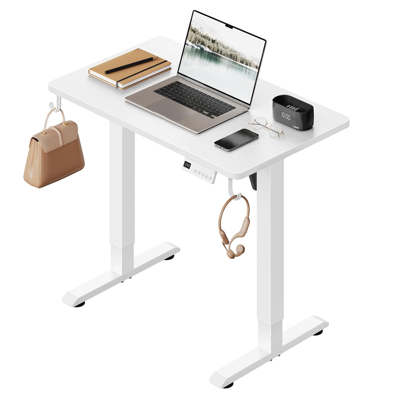WOLTU Schreibtisch höhenverstellbar elektrisch, 80 x 48 cm, Weiss mit T-förmigem Stahlrahmen
