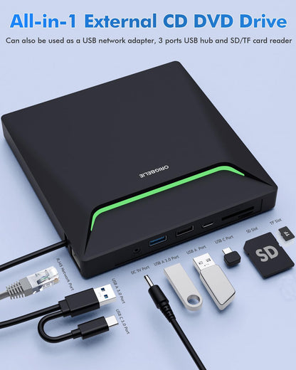ORIGBELIE Externer DVD-Brenner USB 3.0 mit RJ45, USB-Hub und SD/TF