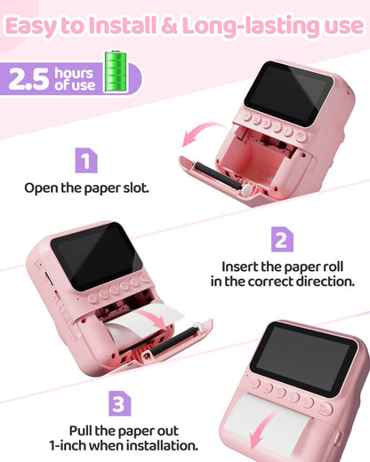 TIATUA Kinderkamera Sofortbildkamera 48 MP mit 32 GB Karte, Rosa
