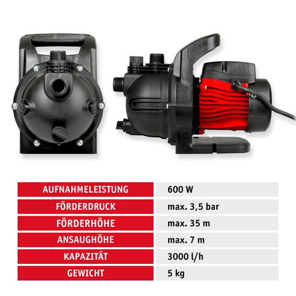 WALTER Gartenpumpe 600 W, 3000 l/h, 35 m Förderhöhe, 3,5 bar
