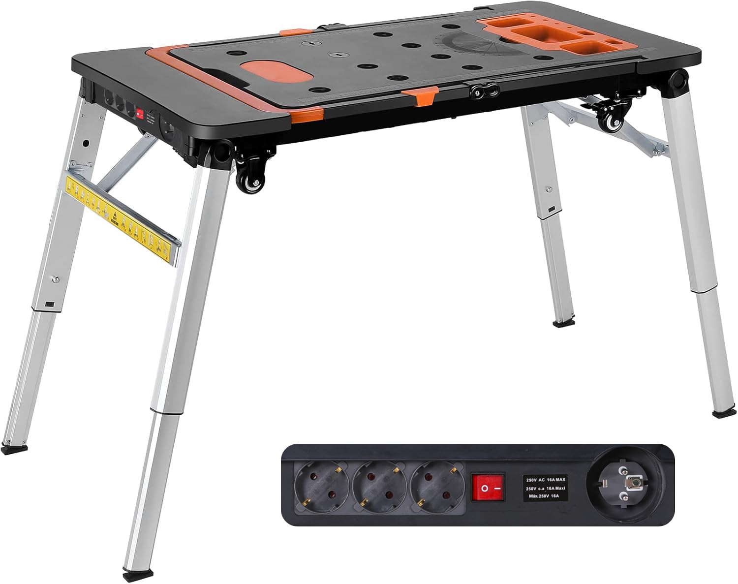 TLGREEN 7-in-1 Werkbank klappbar, höhenverstellbar, bis 200 kg, mit vier Rollen und Steckdosenleiste