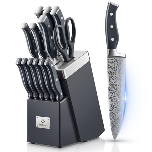 AMEGAT Messerblock Set, 14-tlg. selbstschärfend Edelstahl. Schützt und schärft 13 Küchenmesser aus Edelstahl beim Verstauen im Block.