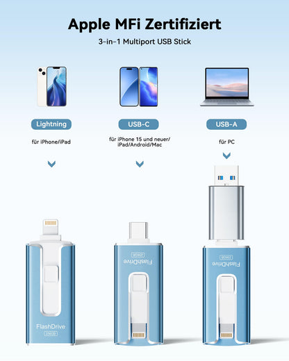 SUDEHO USB Stick 256 GB MFi Lightning/USB-C – Blau