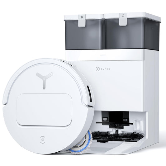 ECOVACS DEEBOT T50 PRO Omni Saugroboter - Wischfunktion. Rund, weiß, mit LiDAR-Turm. Saugt und wischt Böden.