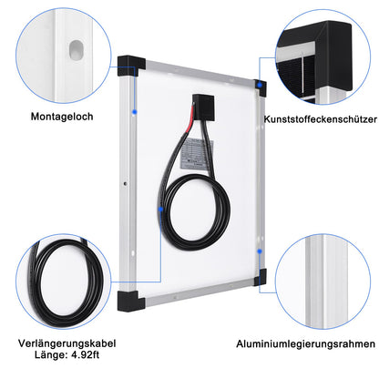 【50W Solarpanel 12V Kit】DERUXI 50 W 12V Wohnwagen Solar Panel Kit: Monokristallines Solarpanel 50W mit 10A Solarladeregler+4 Pcs 5FT Verlängerungskabel,PV Modul Solarmodule für Caravan RV Camper Boot