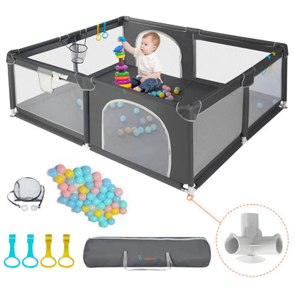 COMOMY Laufstall Baby Sicherheitsspielplatz – 150x180cm XXL. Rechteckiger, hellgrauer Laufstall mit Netzseiten, bietet Babys einen sicheren Spielbereich.