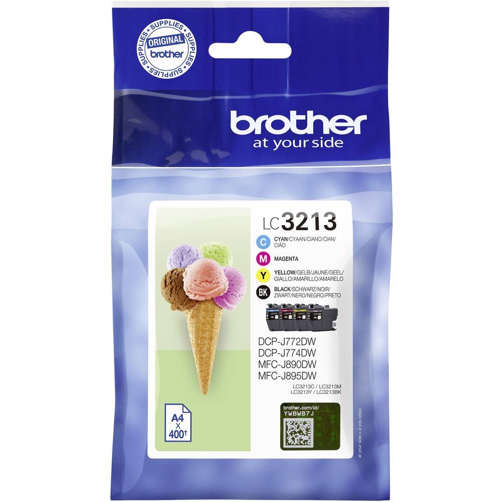 Brother LC-3213Valdr Tintenpatronen XL Multipack. Vier rechteckige Kunststoff-Patronen (Schwarz, Cyan, Magenta, Gelb) für Farbdrucke.