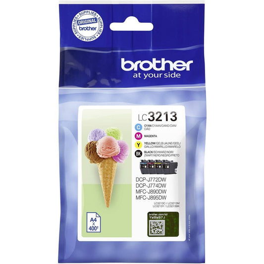 Brother LC-3213Valdr Tintenpatronen XL Multipack. Vier rechteckige Kunststoff-Patronen (Schwarz, Cyan, Magenta, Gelb) für Farbdrucke.