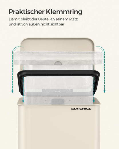 SONGMICS Tretmülleimer 40 Liter aus Stahl mit Softclose, sandbeige