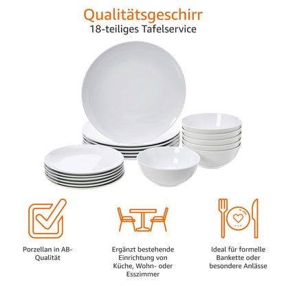 Amazon Basics Geschirrservice 18tlg. 6 Personen - Weiss Porzellan Coupe