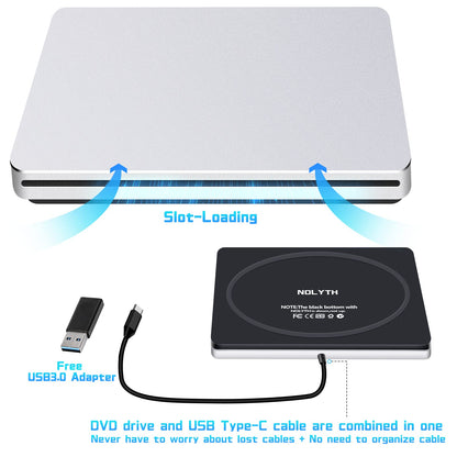 NOLYTH Externes CD/DVD Laufwerk USB-C Slot-in Brenner für Mac & PC