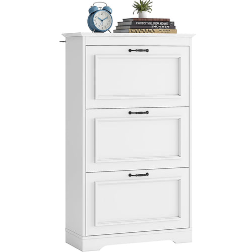 Brinlawb Schuhkipper 3 Klappen Holz – Schuhschrank Weiss. Weißer Holz-Schuhkipper mit 3 Klappen zur Schuhaufbewahrung.