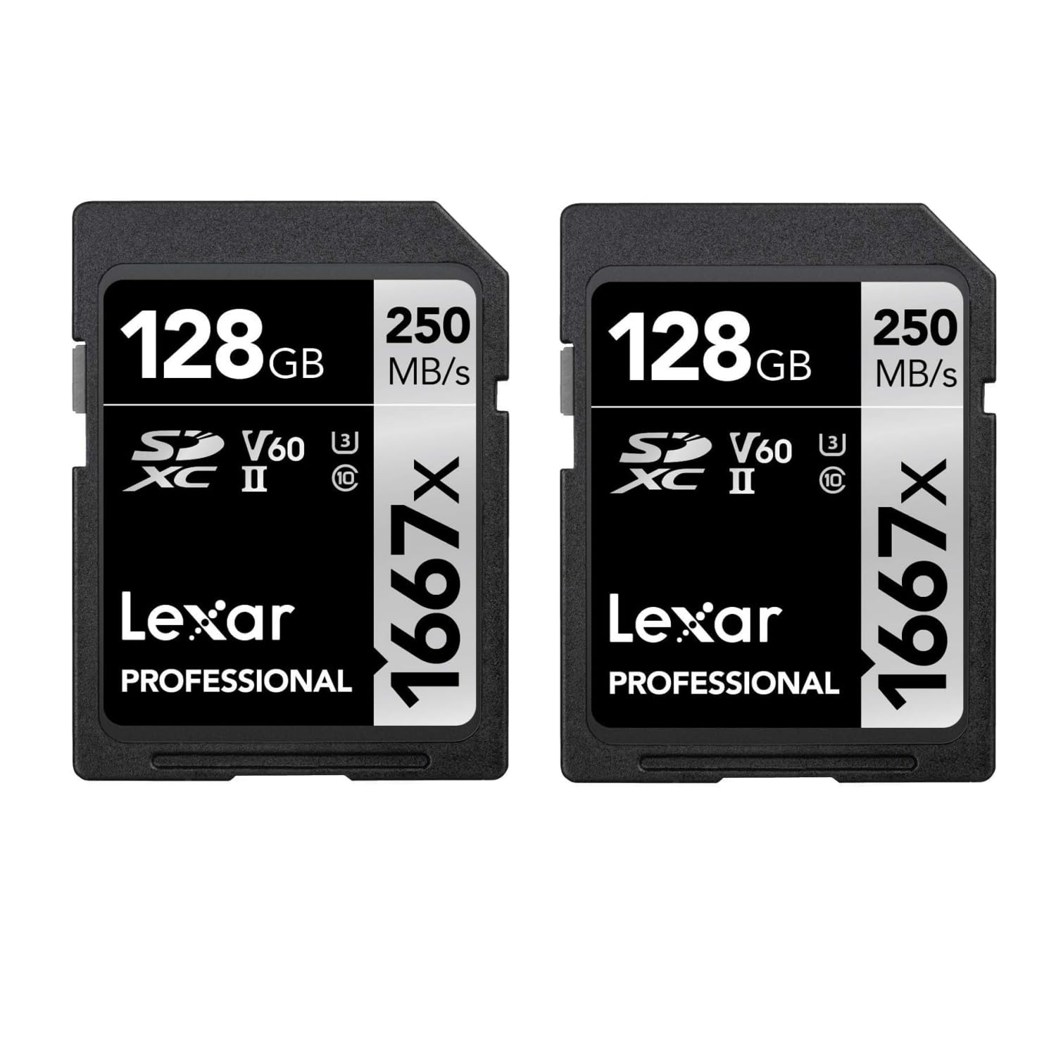 Lexar Professional 1667x SD Karte 128GB 2er-Pack. Rechteckige, blau-weiße Speicherkarte für schnelle Datenübertragung in Kameras.