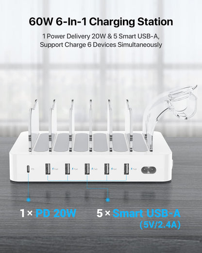 SooPii USB Ladestation CS60, 60W 6-Port mit PD 20W Schnellladung