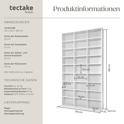 tectake Regal Aufbewahrung Bücherregal Standregal - Weiss