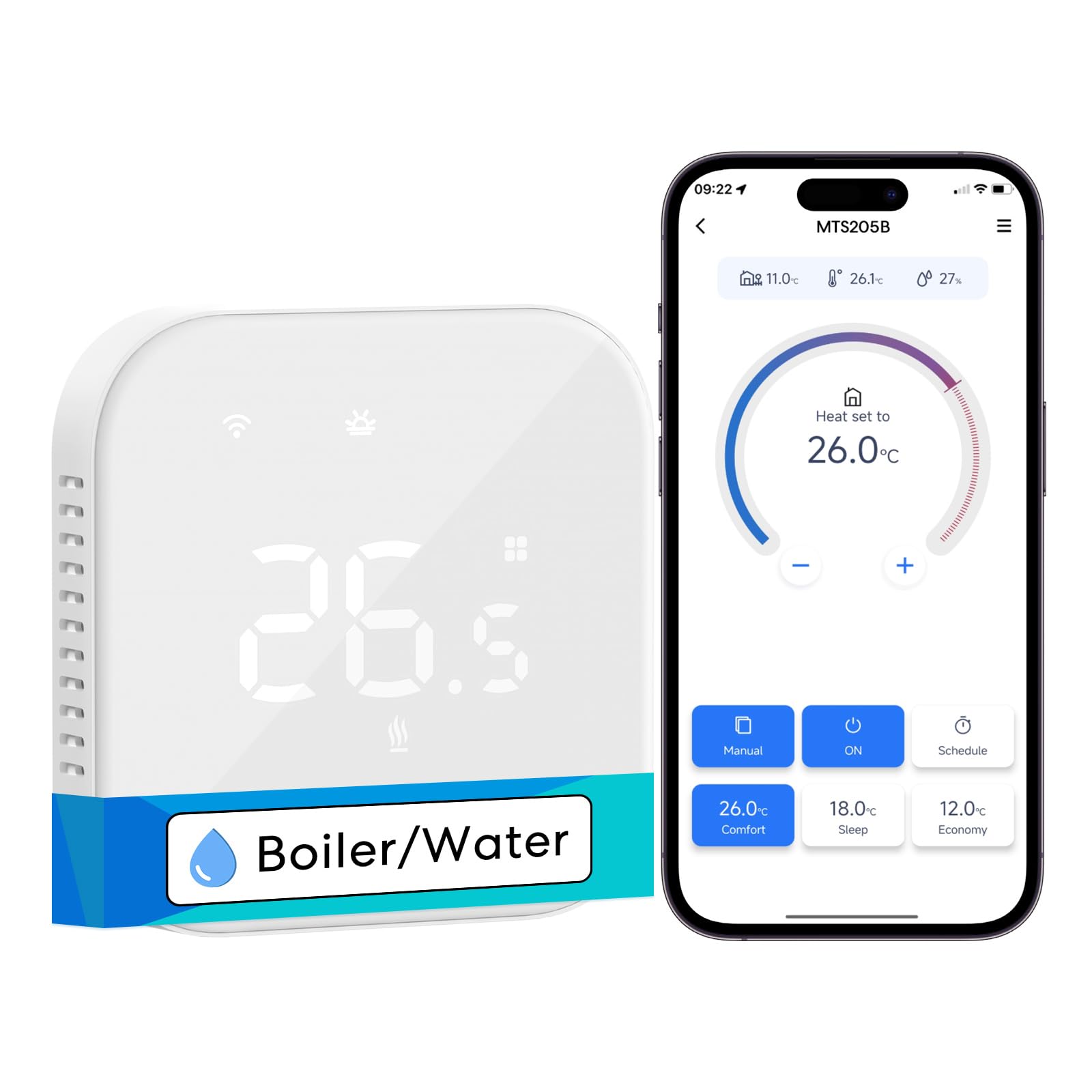 Meross WLAN Smart Thermostat Boiler Fussbodenheizung: Weißes, rechteckiges Gehäuse. Regelt die Temperatur von Kesseln und Fußbodenheizungen.