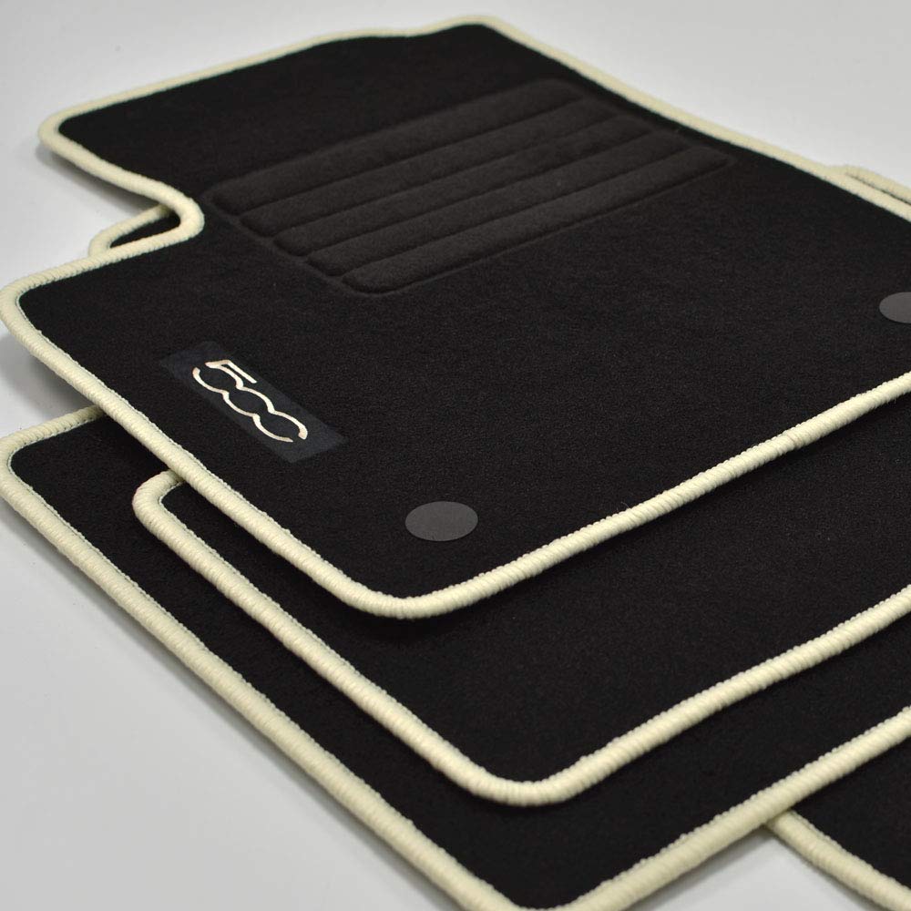 Piuess Velours Fussmatten für Fiat 500 und 500C Cabrio ab 2013, Crema – schwarzer Teppich mit Kettelung in Crema