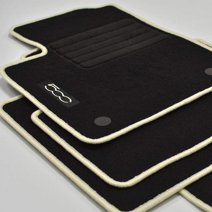 Piuess Velours Fussmatten für Fiat 500 und 500C Cabrio ab 2013, Crema – schwarzer Teppich mit Kettelung in Crema
