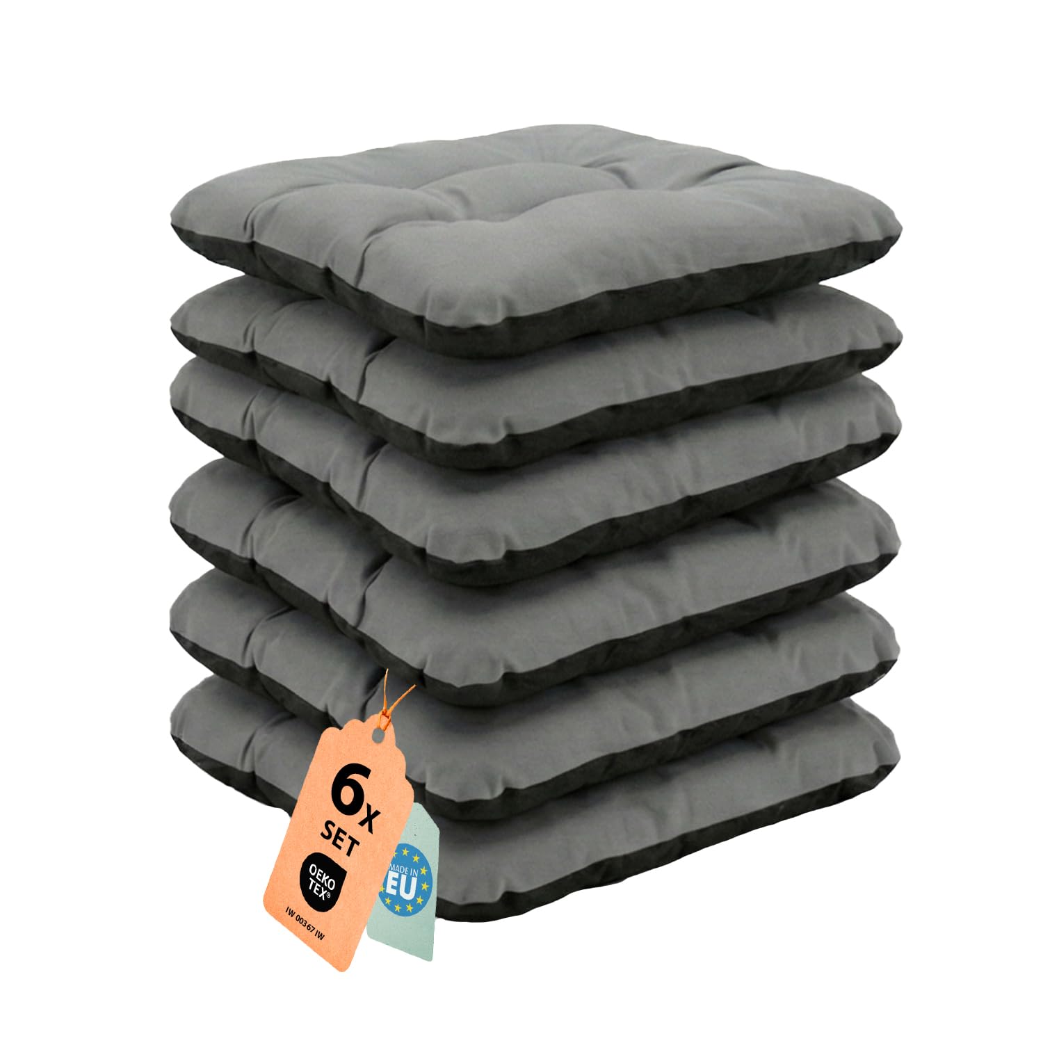 SuperKissen24 Sitzkissen Outdoor 6er Set wasserdicht 45x45 cm Grau, quadratische Stuhlauflage für Balkonstühle