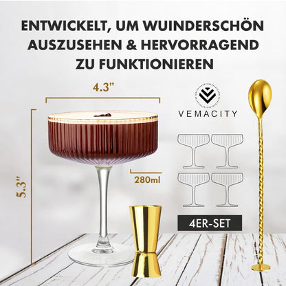 Vemacity Martini Gläser Set mit Goldrand, geripptes Glas, 300 ml