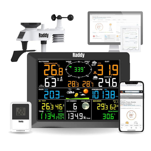 Raddy WF-100C Wetterstation Funk Aussensensor WLAN 8 Zoll mit 8-Zoll-Farbdisplay zur Überwachung von Umgebungsbedingungen über Funk-Außensensor und WLAN.