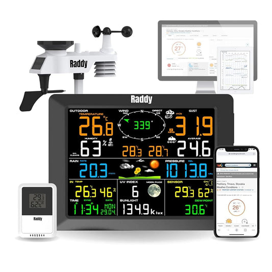 Raddy WF-100C Wetterstation Funk Aussensensor WLAN 8 Zoll mit 8-Zoll-Farbdisplay zur Überwachung von Umgebungsbedingungen über Funk-Außensensor und WLAN.