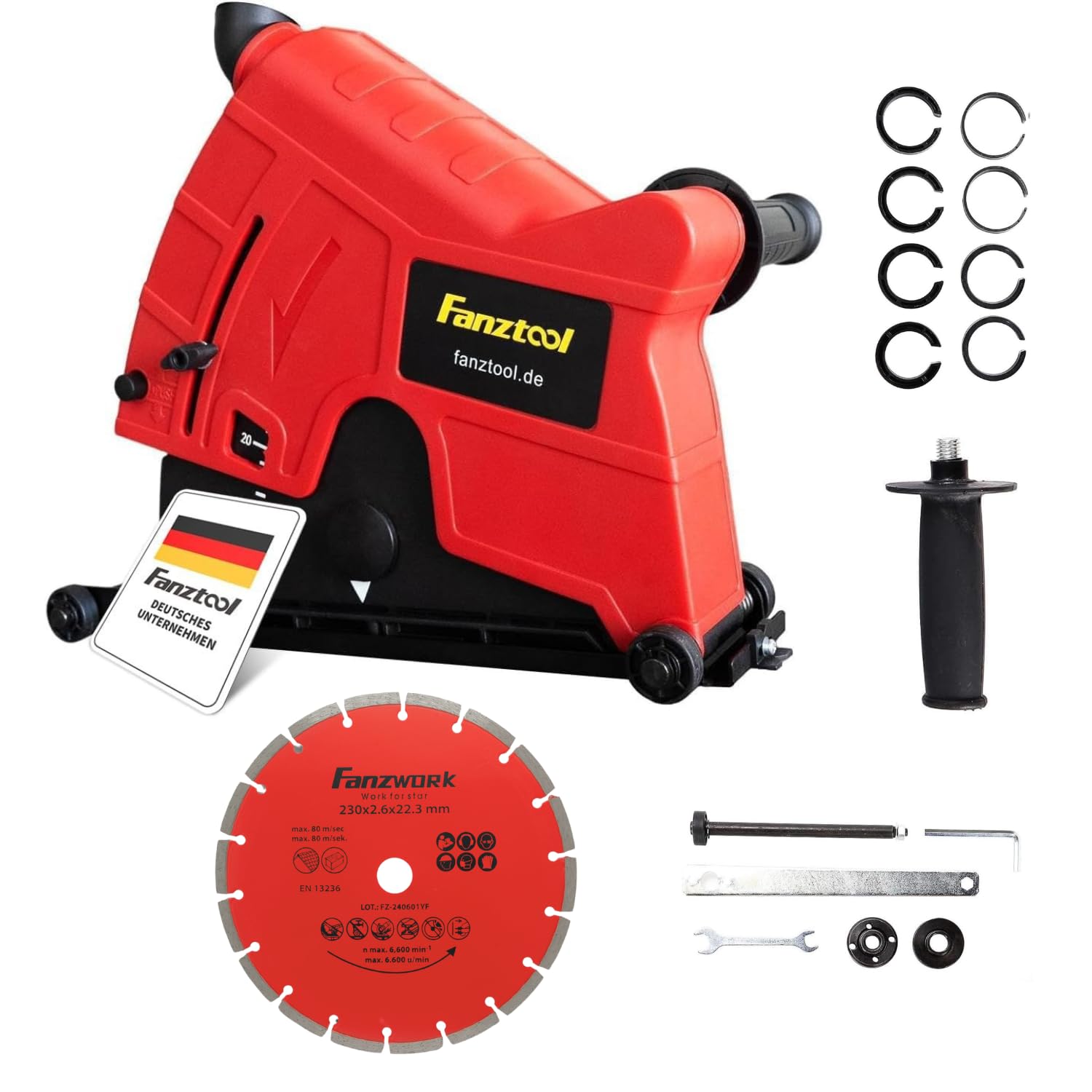 FANZTOOL Absaughaube 230mm für Winkelschleifer - Trennen. Runde, dunkelgraue Haube mit Absaugstutzen zur Staubreduktion beim Trennen von Baustoffen.