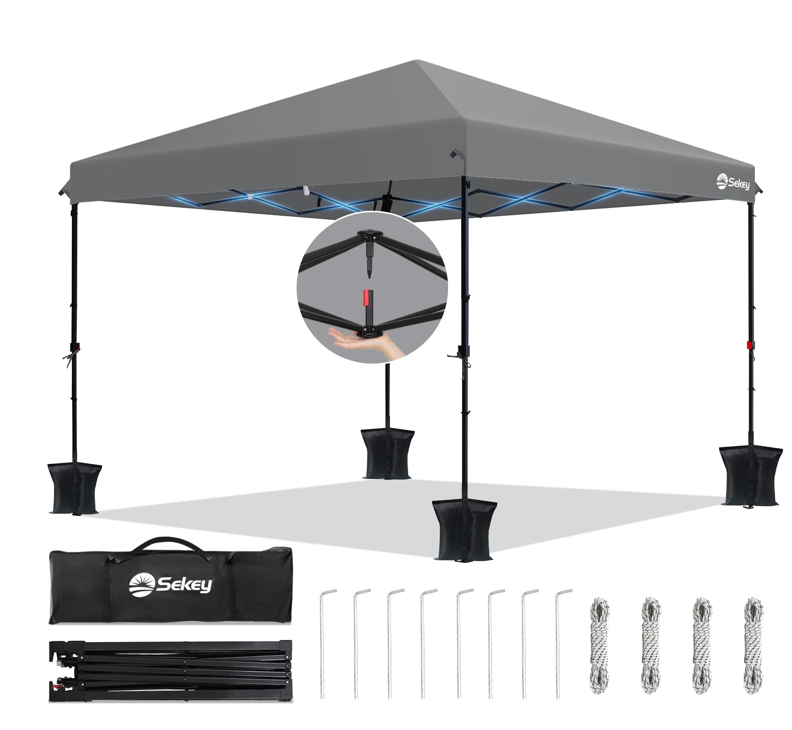 Sekey Faltpavillon 3x3 m One-Touch, wasserdicht, Grau, 420D-Oxford-Dach, verdickte Standrohre