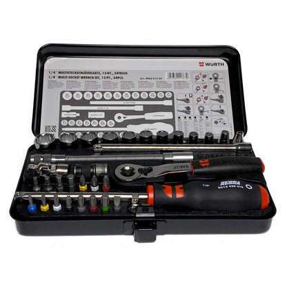 Zebra Würth 1/4 Zoll Steckschlüsselsatz – 34-teiliges Set. Silberne Stecknüsse und Knarre. Für Montage und Demontage von Schraubverbindungen.