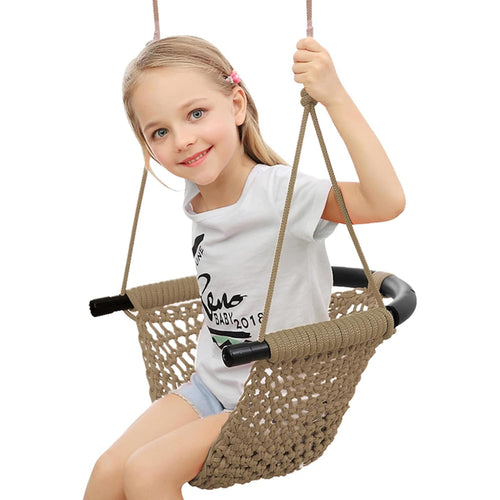 SFITVE Kinderschaukel Outdoor, handgestrickter Schaukelsitz in Khaki aus Polyesterseil mit verstellbarer Seillänge