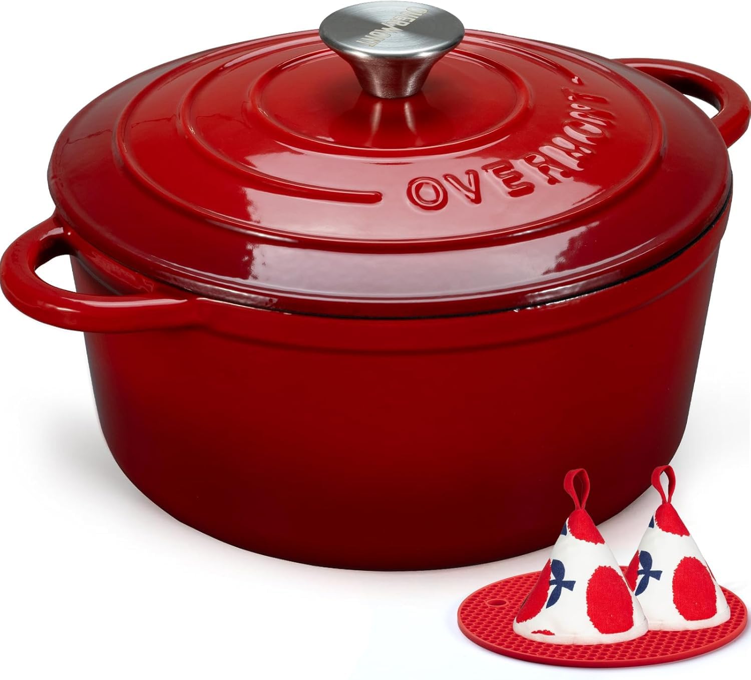 Overmont Schmortopf Gusseisen 26 cm Emaille Bräter mit Deckel rot zum Schmoren und Braten
