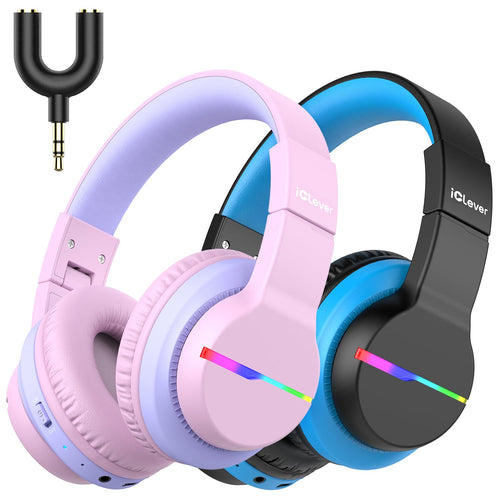 iClever BTH12 Kinder-Kopfhörer Bluetooth Over-Ear mit LED, 2er-Pack – farbige LED-Leuchten und gepolsterte Ohrpolster