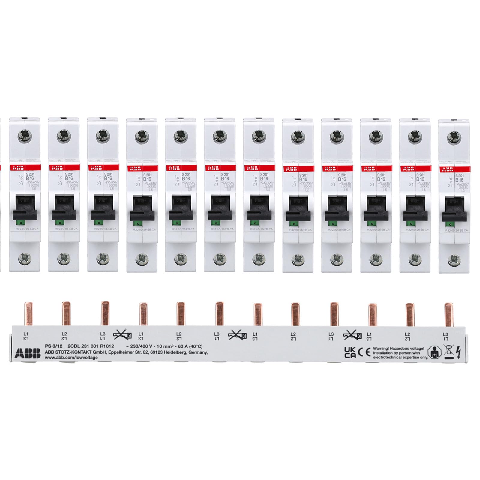 ABB S201-B16 Leitungsschutzschalter Set 12x 16A + Phasenschiene PS3/12 für die Elektroinstallation