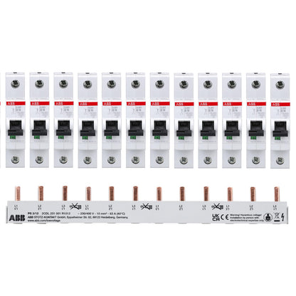 ABB S201-B16 Leitungsschutzschalter Set 12x 16A + Phasenschiene PS3/12 für die Elektroinstallation