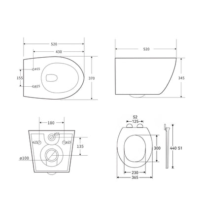 Hänge WC Spülrandlos Absenkautomatik – Weiss, Nano Beschichtung